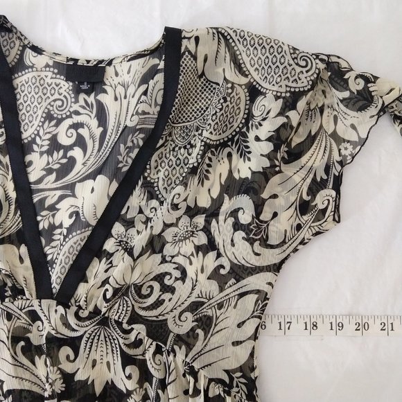 Anna Sui Floral Sheer V-neck Slit Short Sleeves Blouse Top Black Beige Size S - Picture 10 of 12